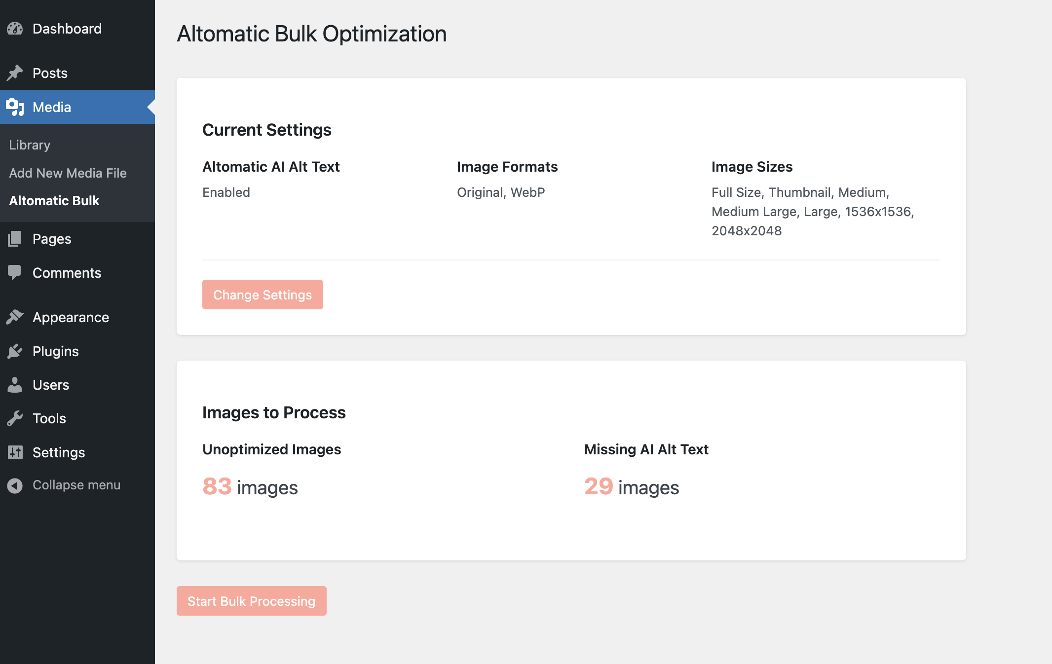 Bulk optimization progress showing WebP conversion status