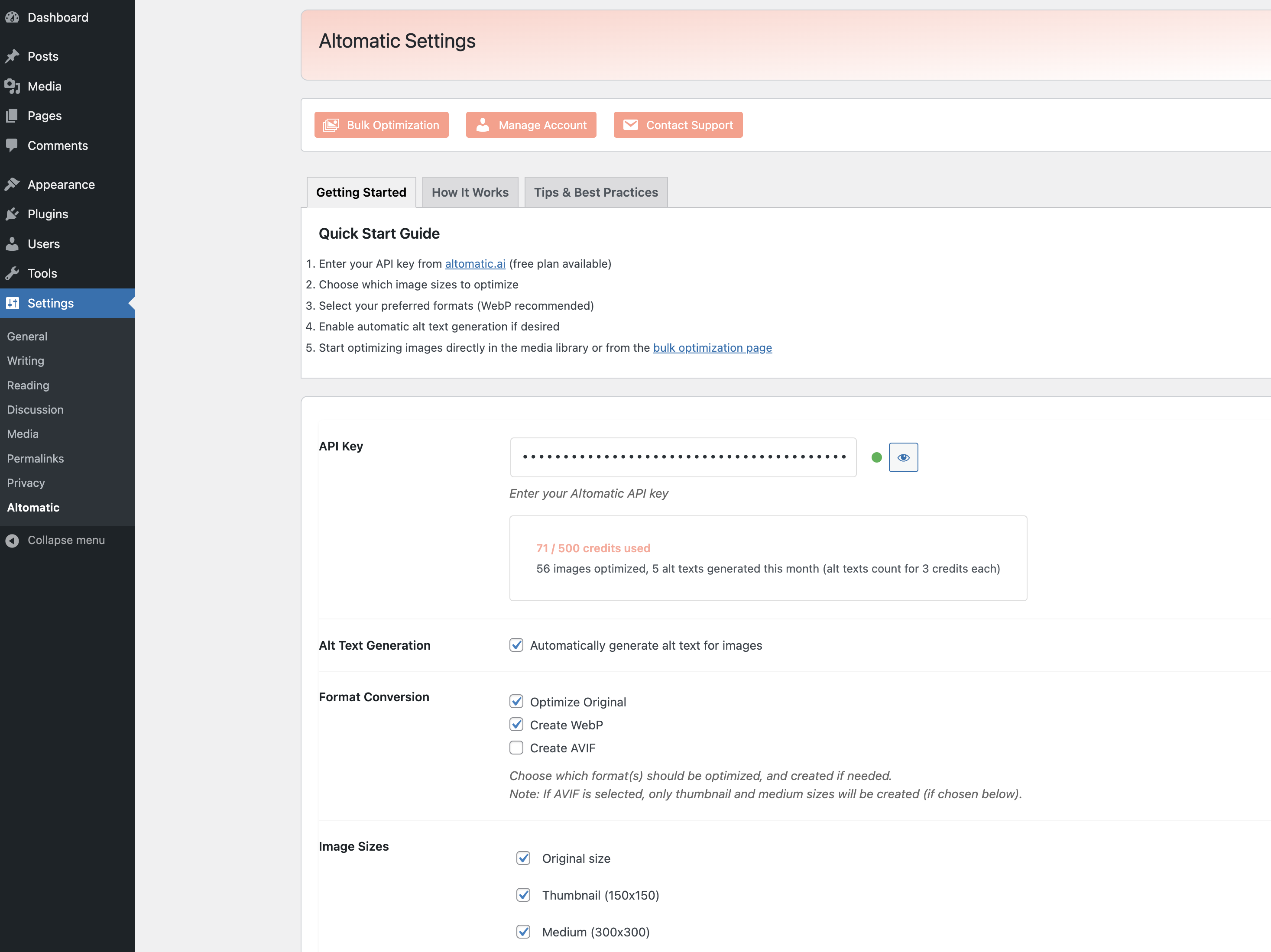 Altomatic settings page showing WebP and AVIF conversion options