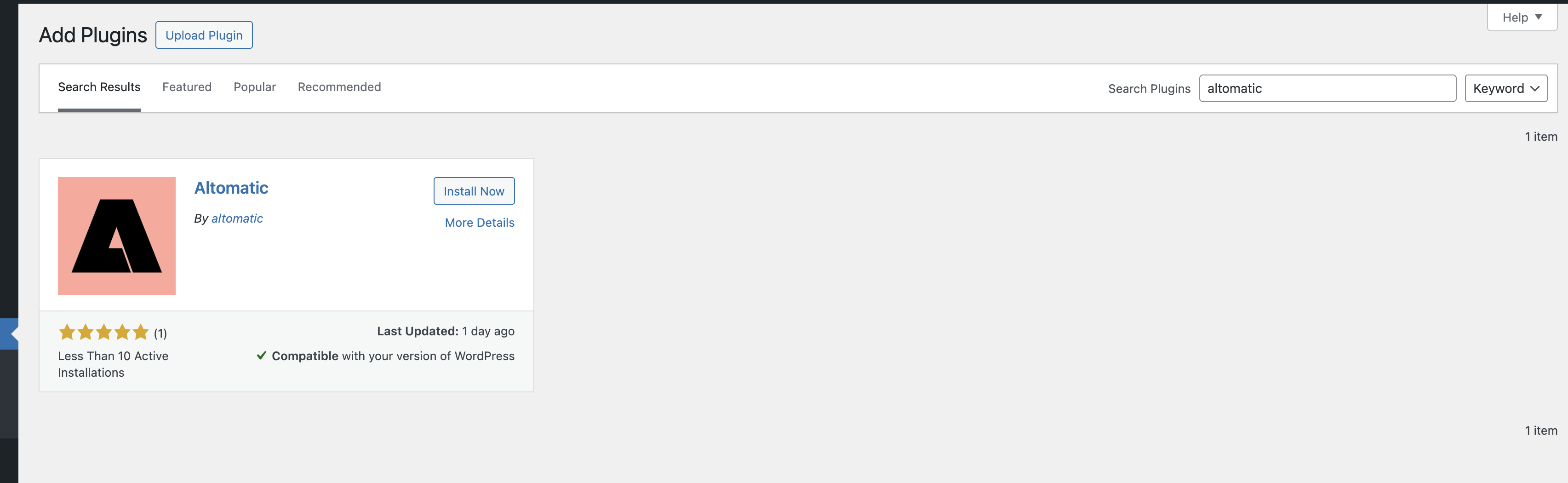 Altomatic plugin installation screen in WordPress