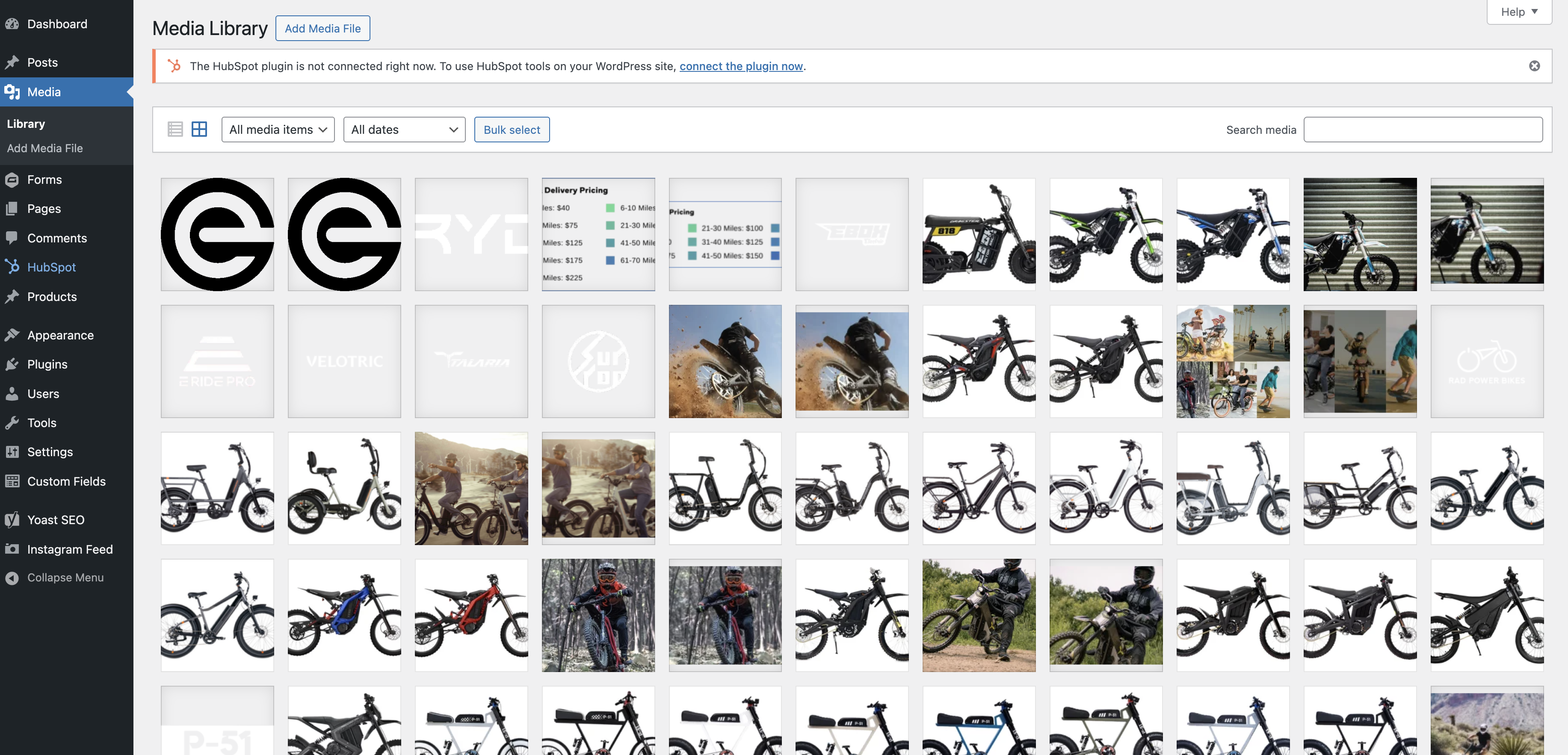 WordPress Media Library showing grid view of images
